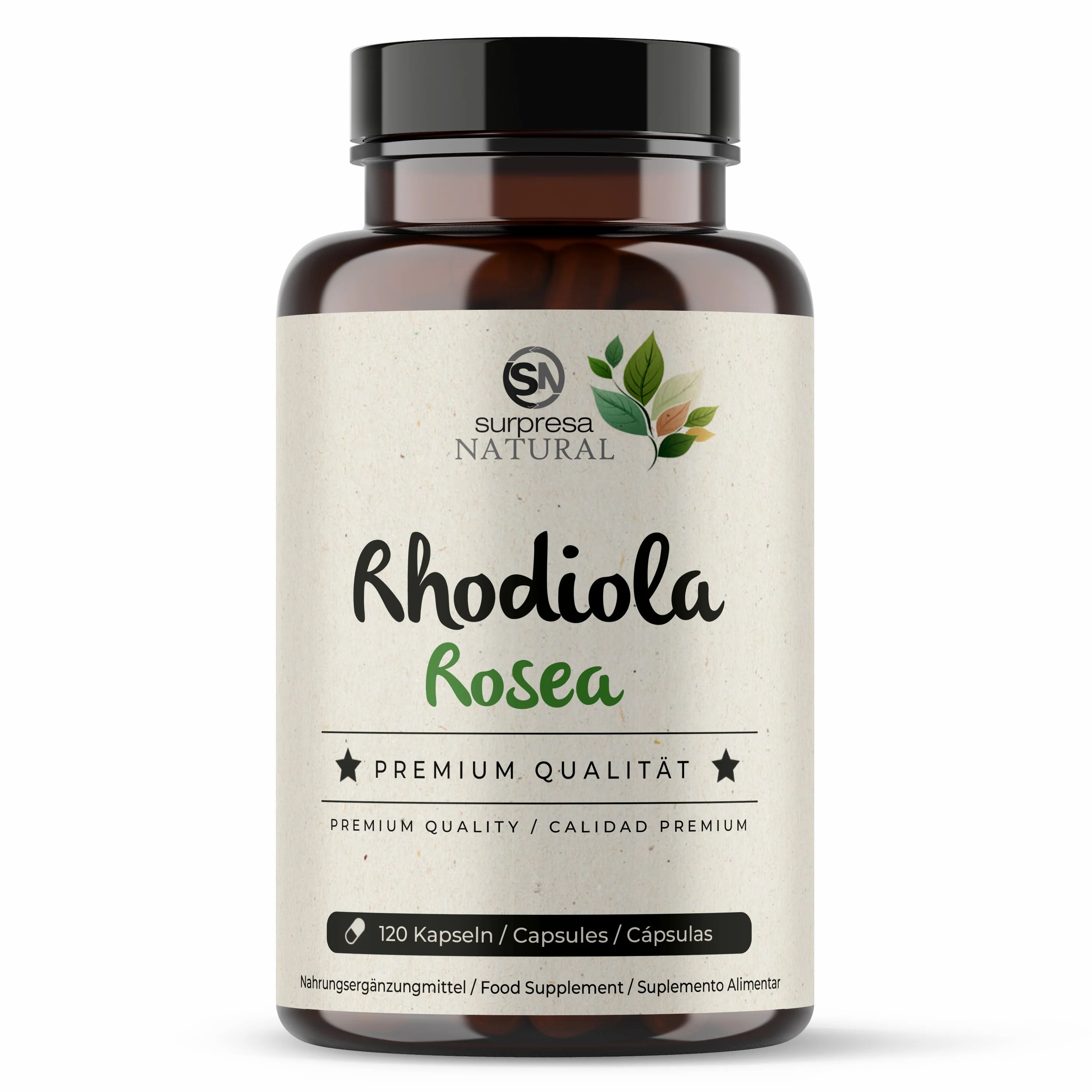 Braune Flasche mit Etikett. Aufschrift: Surpresa Natural Rhodiola Rosea, Premium Qualität, 120 Kapseln. Nahrungsergänzungsmittel.