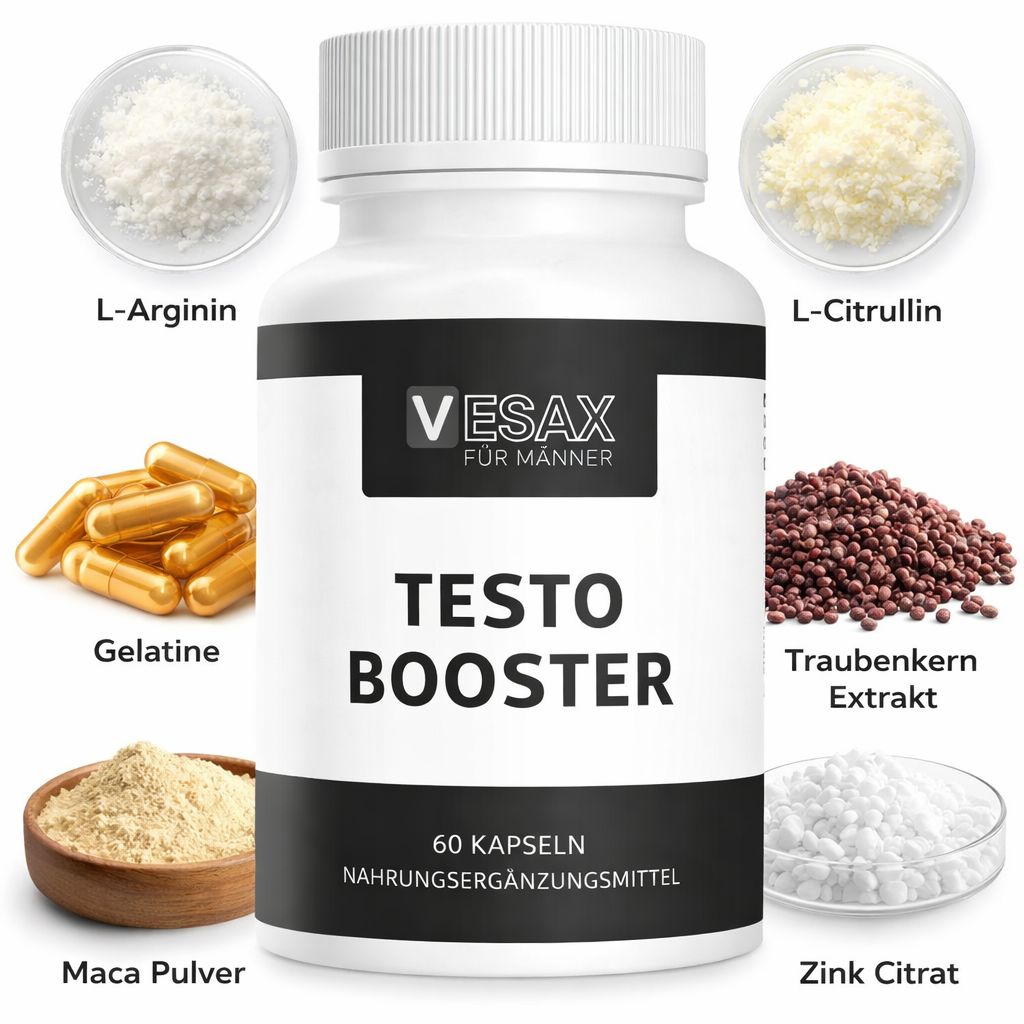 Weiße Flasche mit schwarzem Etikett. Aufschrift: Testo Booster, 60 Kapseln. Umgeben von Zutaten: L-Arginin, L-Citrullin, etc.