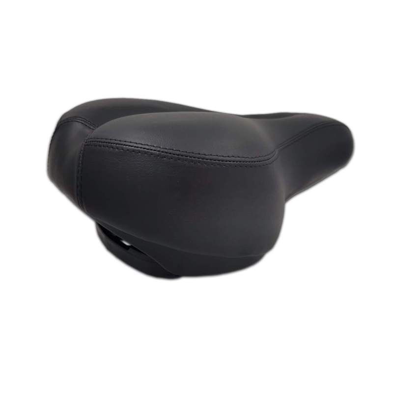 Schwarzer Fahrradsattel, gepolstert, mit ergonomischer Form. Sichtbare Nähte.