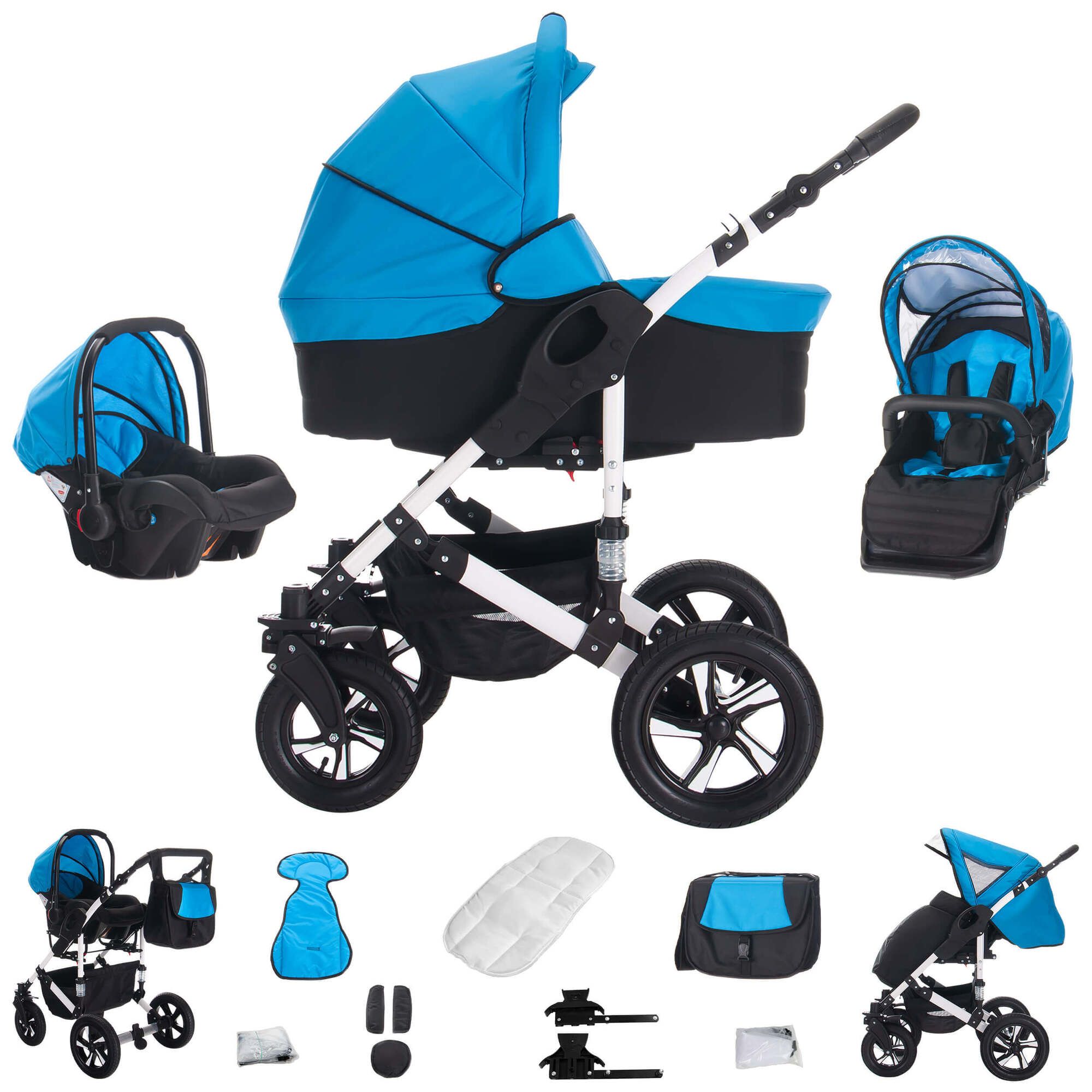 Kinderwagen-Set, blau-schwarz. Enthält Babywanne, Sportsitz, Babyschale, Zubehör. Weißes Gestell, schwarze Räder.