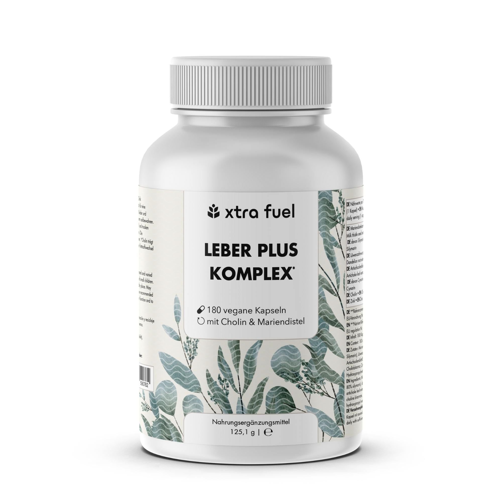 Weiße Flasche mit Kapseln. Aufschrift: LEBER PLUS KOMPLEX. 180 vegane Kapseln. Mit Cholin & Mariendistel. 125,1 g e.