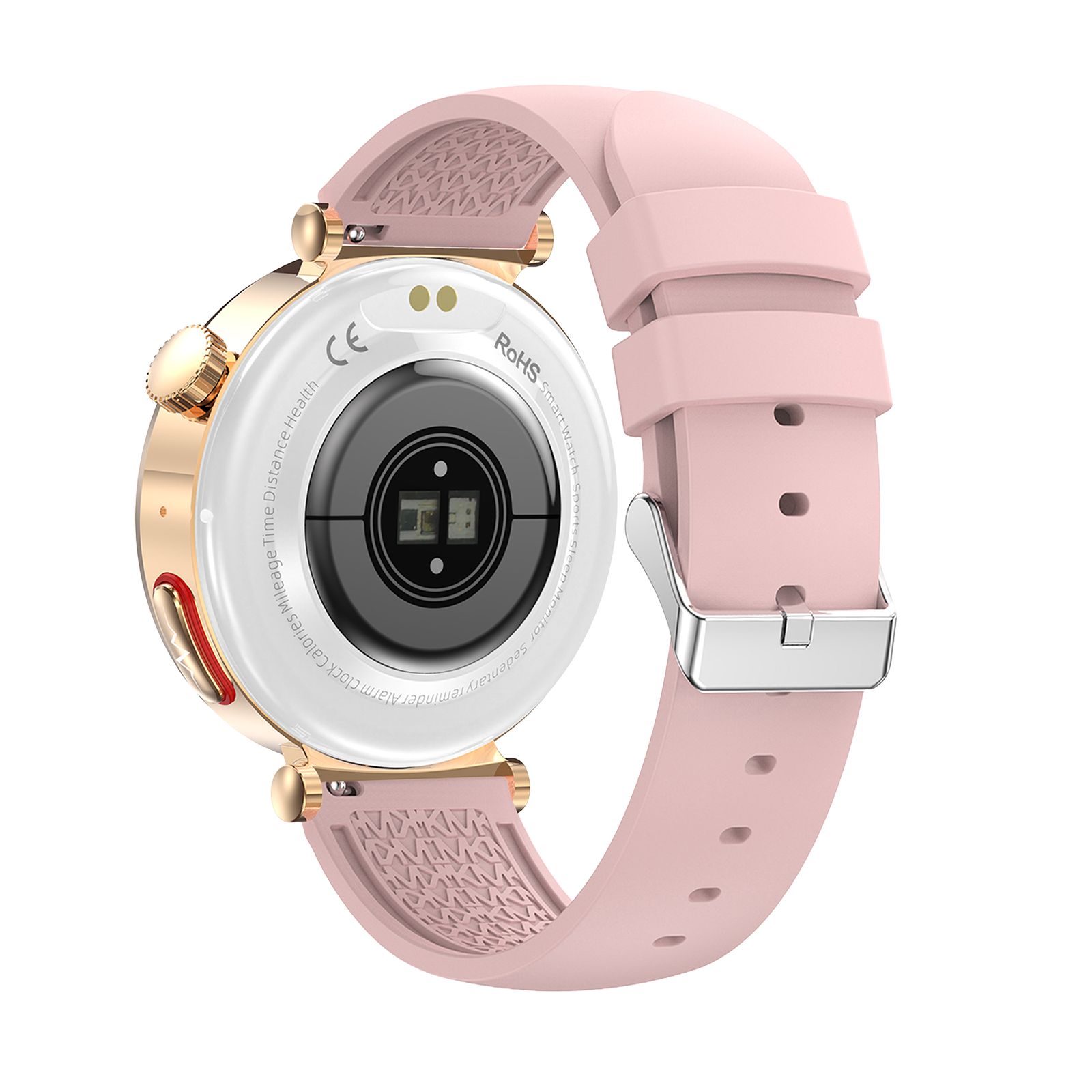 Rückseite einer Smartwatch. Weißes Gehäuse mit Sensoren, goldfarbene Details und rosa Armband.
