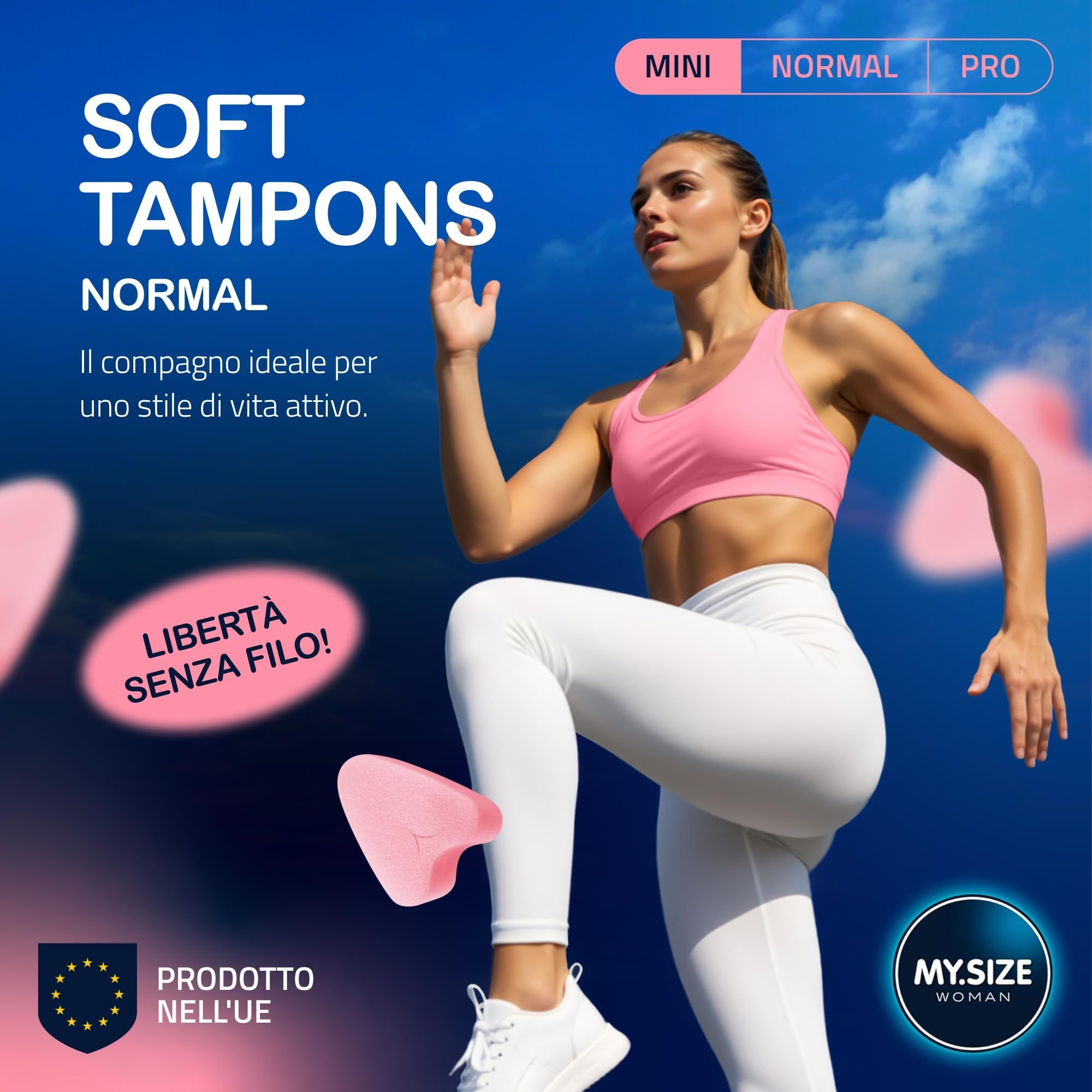 Frau beim Sport mit MY.SIZE Woman Soft Tampons Mini. Produktabbildungen und Icons für Schwimmen, Sport, Spa, Liebe.