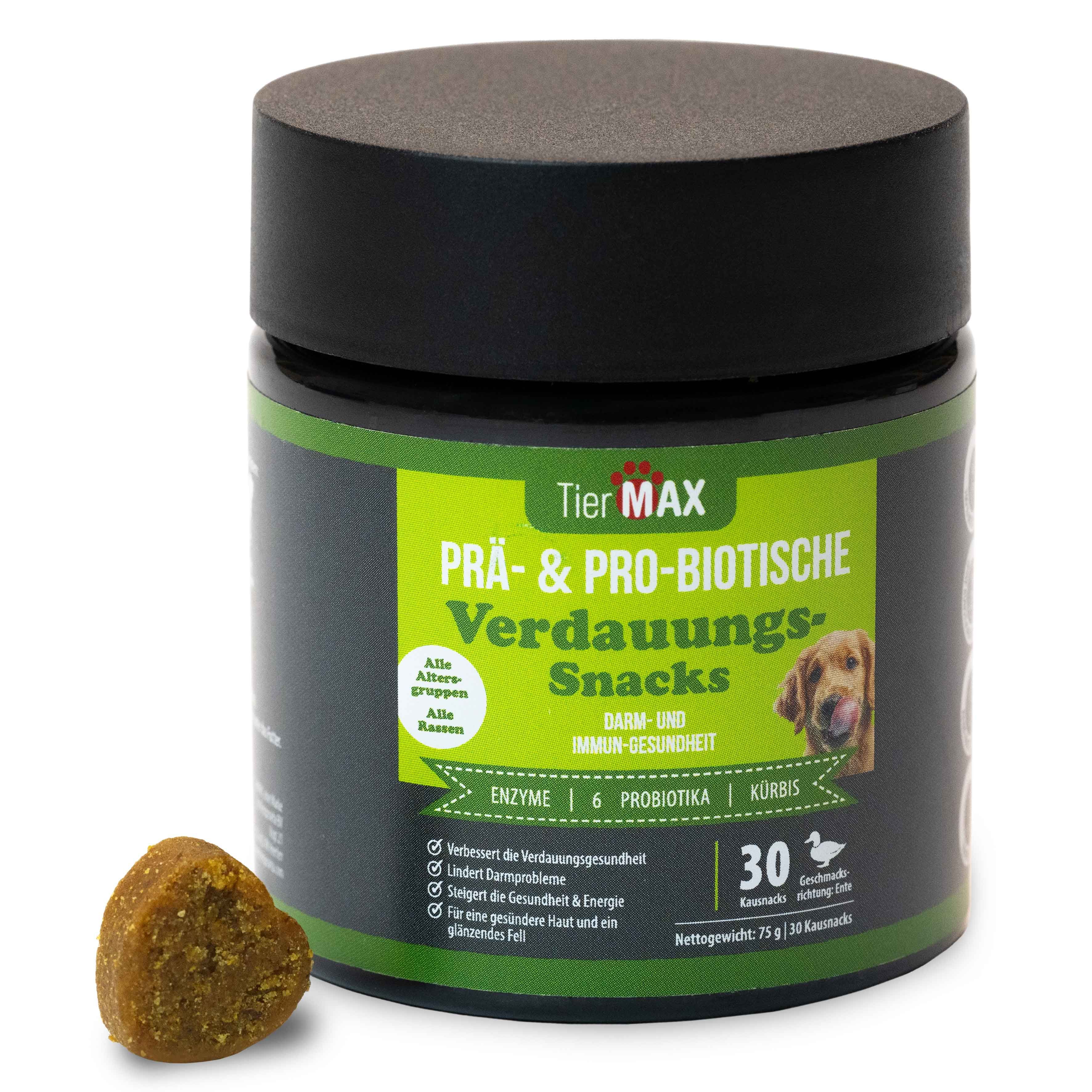 Dose TierMax Prä- & Probiotische Verdauungs-Snacks. Grün-schwarzes Etikett, Text, Hund, Snack daneben. 30 Snacks.