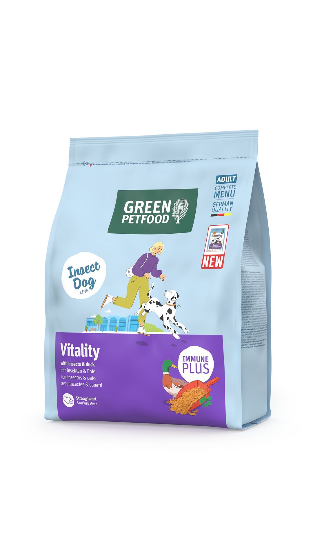 Hellblaue Verpackung von Green Petfood Vitality mit Insekten & Ente. Logo, Illustration von Hund und Person, sowie Ente.
