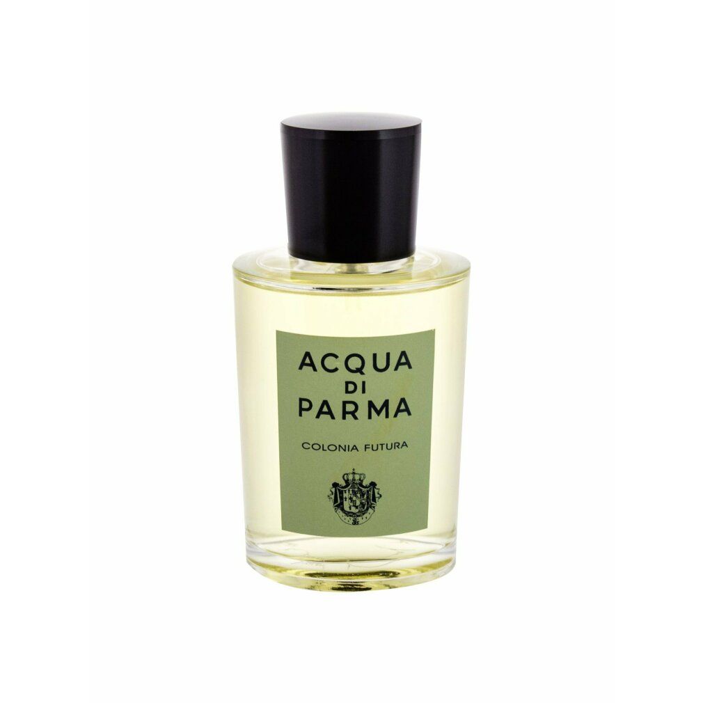 Klarer Glasflakon mit schwarzem Deckel. Aufkleber mit "Acqua di Parma Colonia Futura".