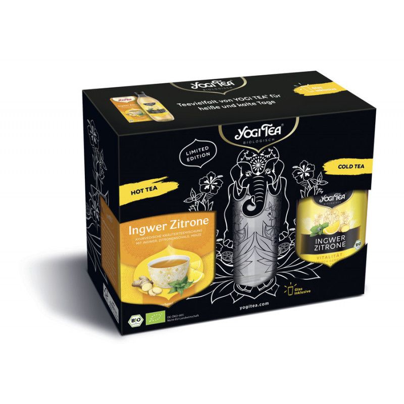 Schwarze Geschenkbox mit Yogi Tea-Logo. Enthält Teebeutel und ein Glas. Aufschrift: Ingwer Zitrone, Limited Edition, Bio.