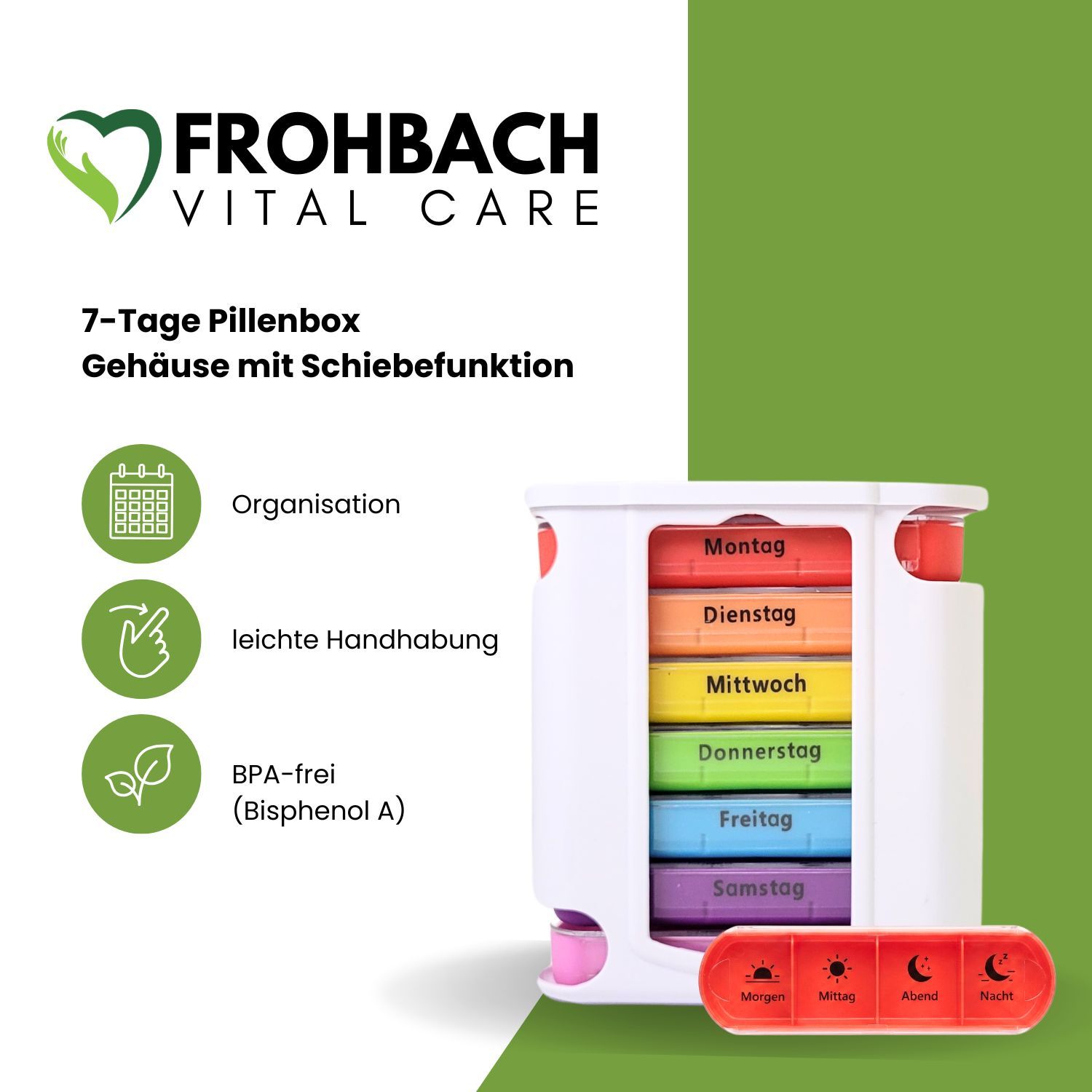 Weiße 7-Tage-Tablettenbox mit farbigen Fächern. Frohbach Vital Care Logo. Einzelbox.