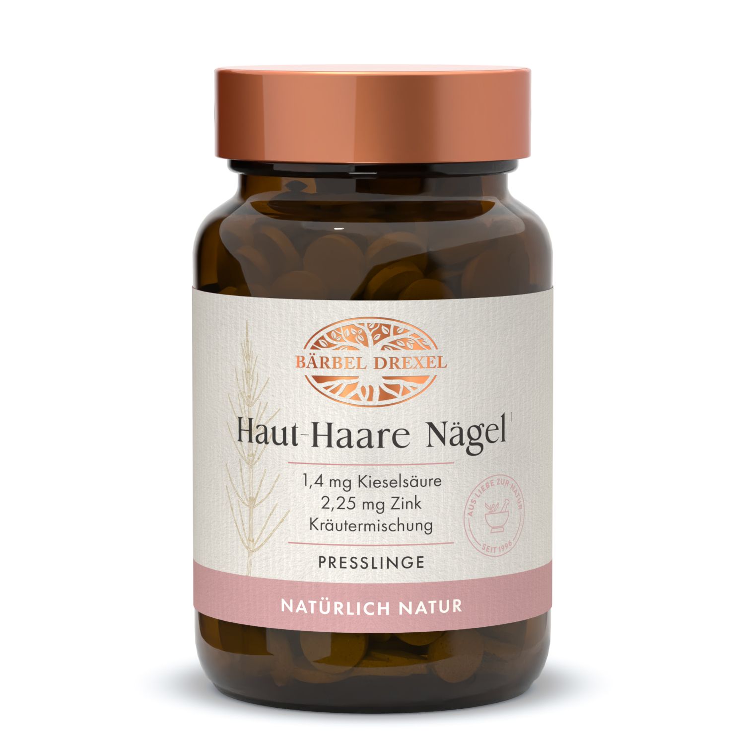 Braune Glasflasche mit Tabletten. Etikett mit Produktname, Inhaltsstoffen und Logo.