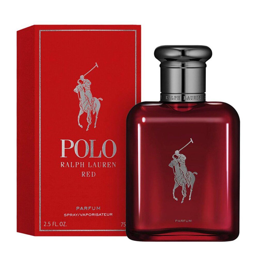 Roter Flakon und Verpackung. Logo und Schriftzug POLO RED. Aufschrift PARFUM. Rechteckige Form.
