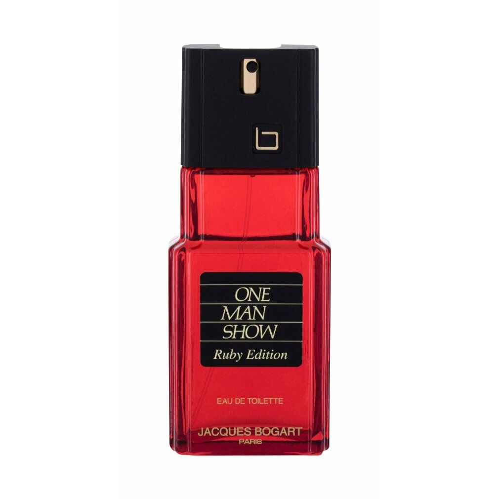 Roter Flakon mit schwarzem Deckel. Aufschrift "ONE MAN SHOW Ruby Edition Eau de Toilette".