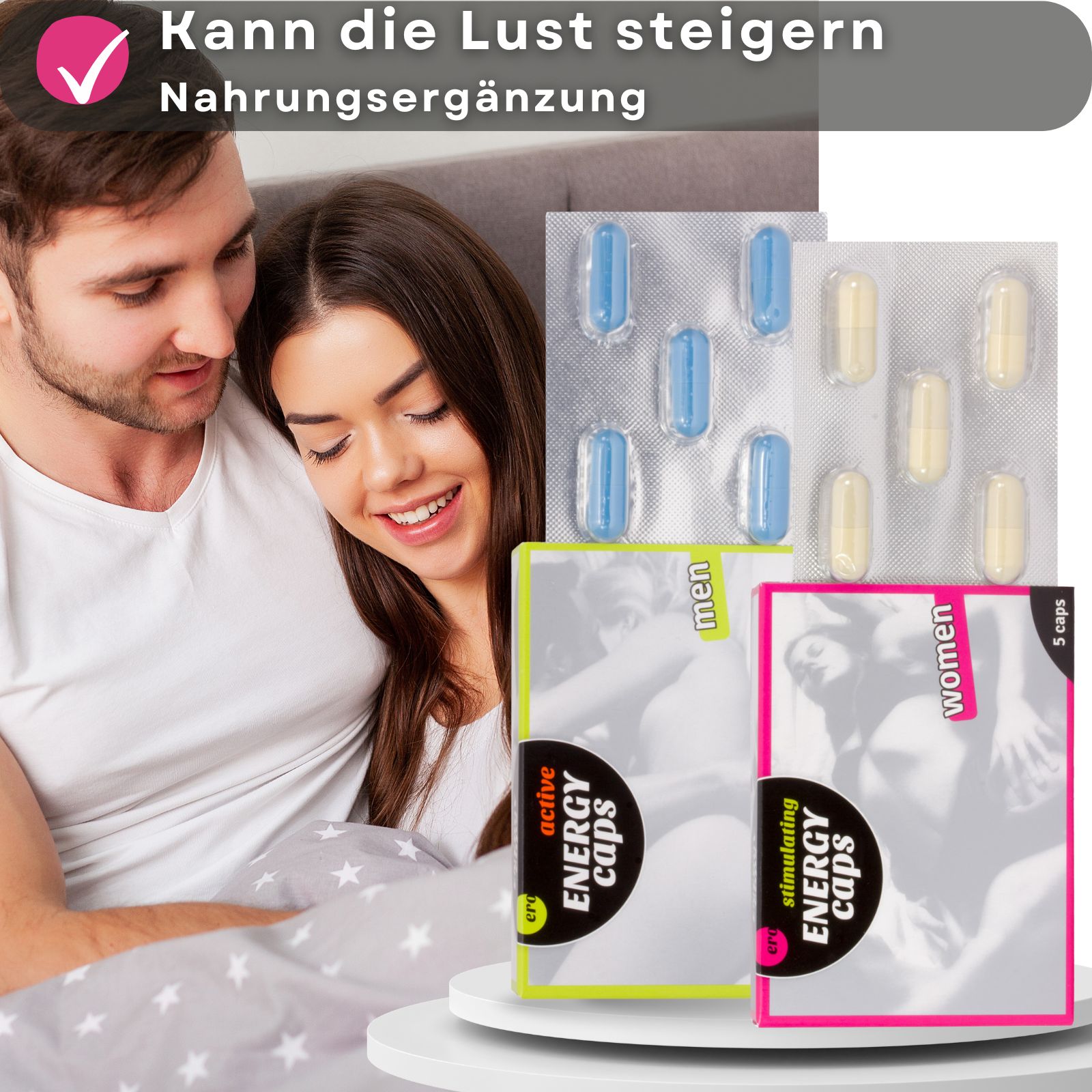 Kapseln, Boxen und Paar im Hintergrund.