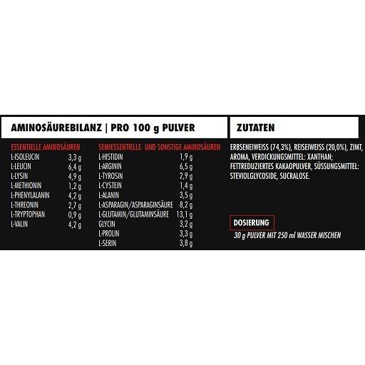Nährwerttabelle mit Aminosäuren und Zutaten. Dosierung: 30g Pulver mit 250ml Wasser mischen.