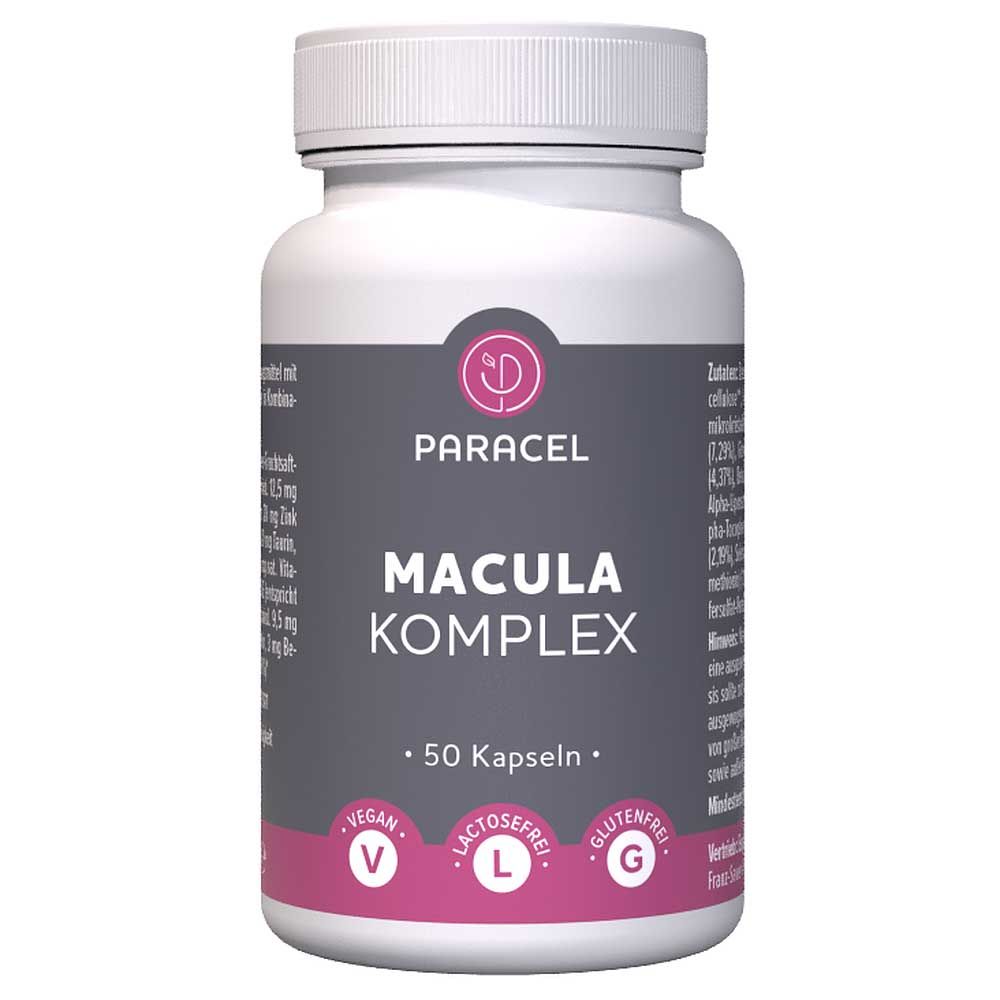 Weiße Flasche mit Kapseln. Aufschrift: Paracel Macula Komplex, 50 Kapseln. Vegan, laktosefrei, glutenfrei.