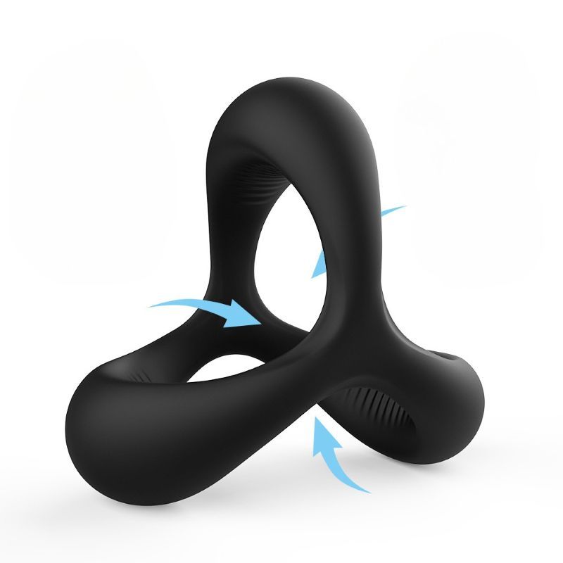 Schwarzer Penis- und Hodenring. Dreieckige Form mit drei Öffnungen. Pfeile zeigen auf die Öffnungen.