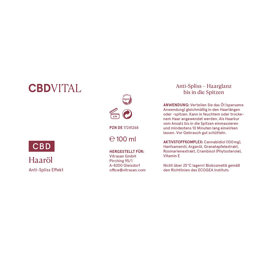 Etikett mit Produktinformationen. CBDVITAL Haaröl, Anti-Spliss Effekt. Text in deutscher Sprache. Enthält 100 ml.