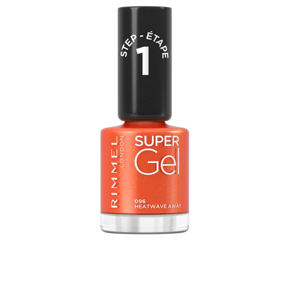 Nagellackflasche, orangefarben. Schwarzer Deckel mit weißer Aufschrift. Marke Rimmel London, Produktname Super Gel, Farbton 96 Heatwave Away.