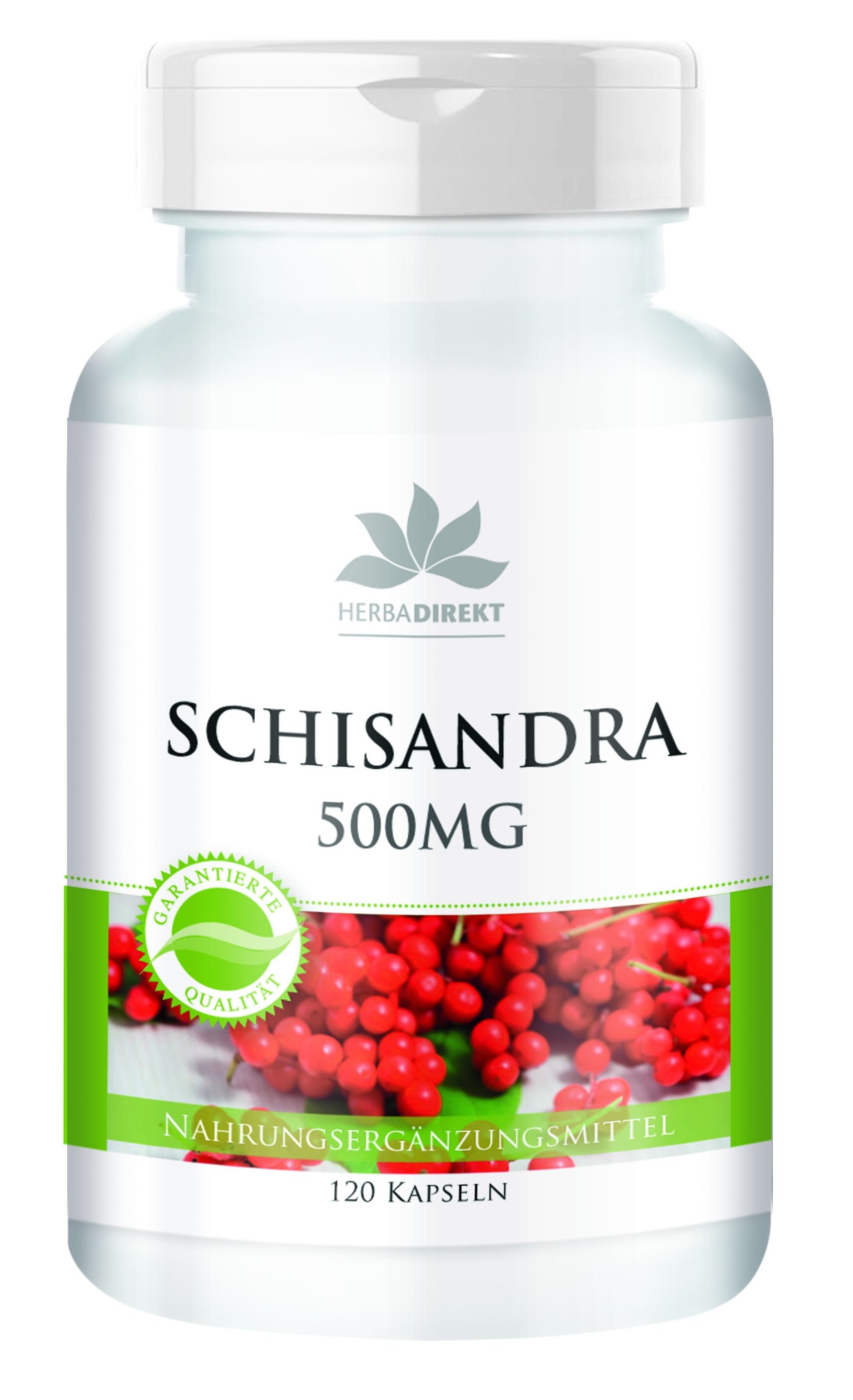 Weiße Flasche mit grünem Etikett. Aufschrift: Schisandra 500mg. Siegel: Garantierte Qualität. Abbildung von roten Beeren.