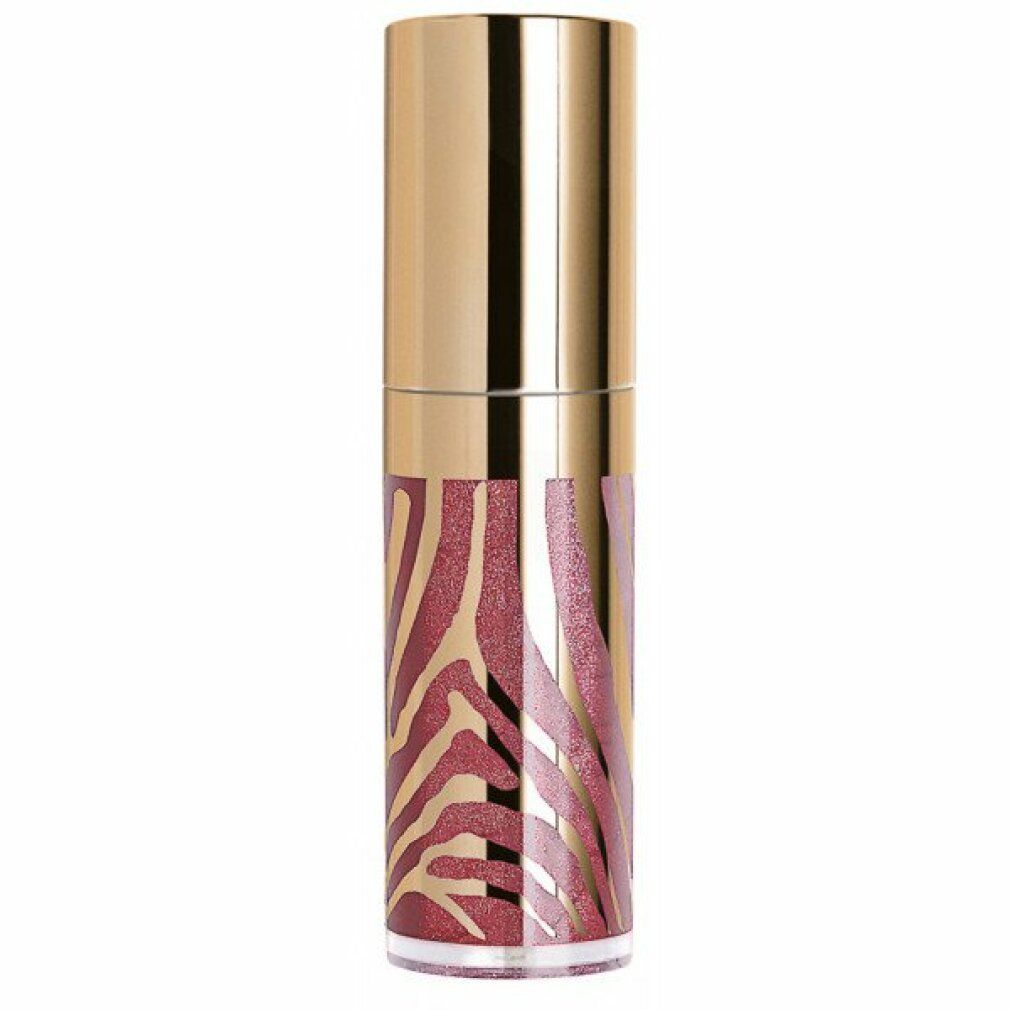 Lipgloss-Tube mit goldfarbenem Deckel und Zebra-Muster. Der Behälter ist mit einem rosafarbenen Lipgloss gefüllt.