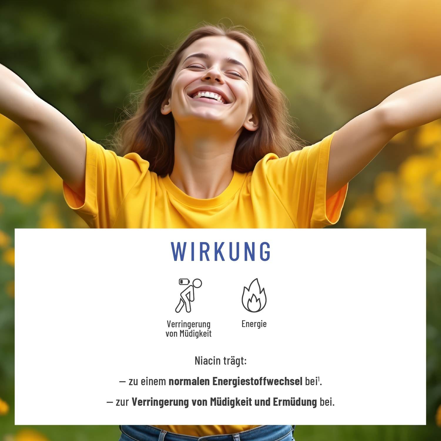 Grafik mit Symbolen und Text: Verringerung von Müdigkeit, Energie. Text: Niacin trägt zu normalem Energiestoffwechsel bei.