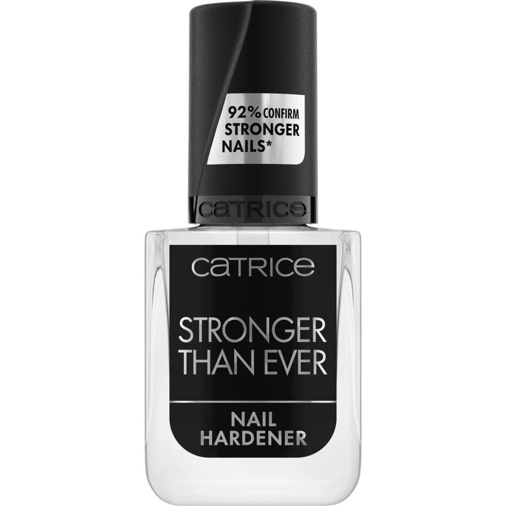 Catrice Nagelverstärker. Flasche mit schwarzem Deckel. Aufschrift: Stronger Than Ever, Nail Hardener. 92% Stronger Nails.