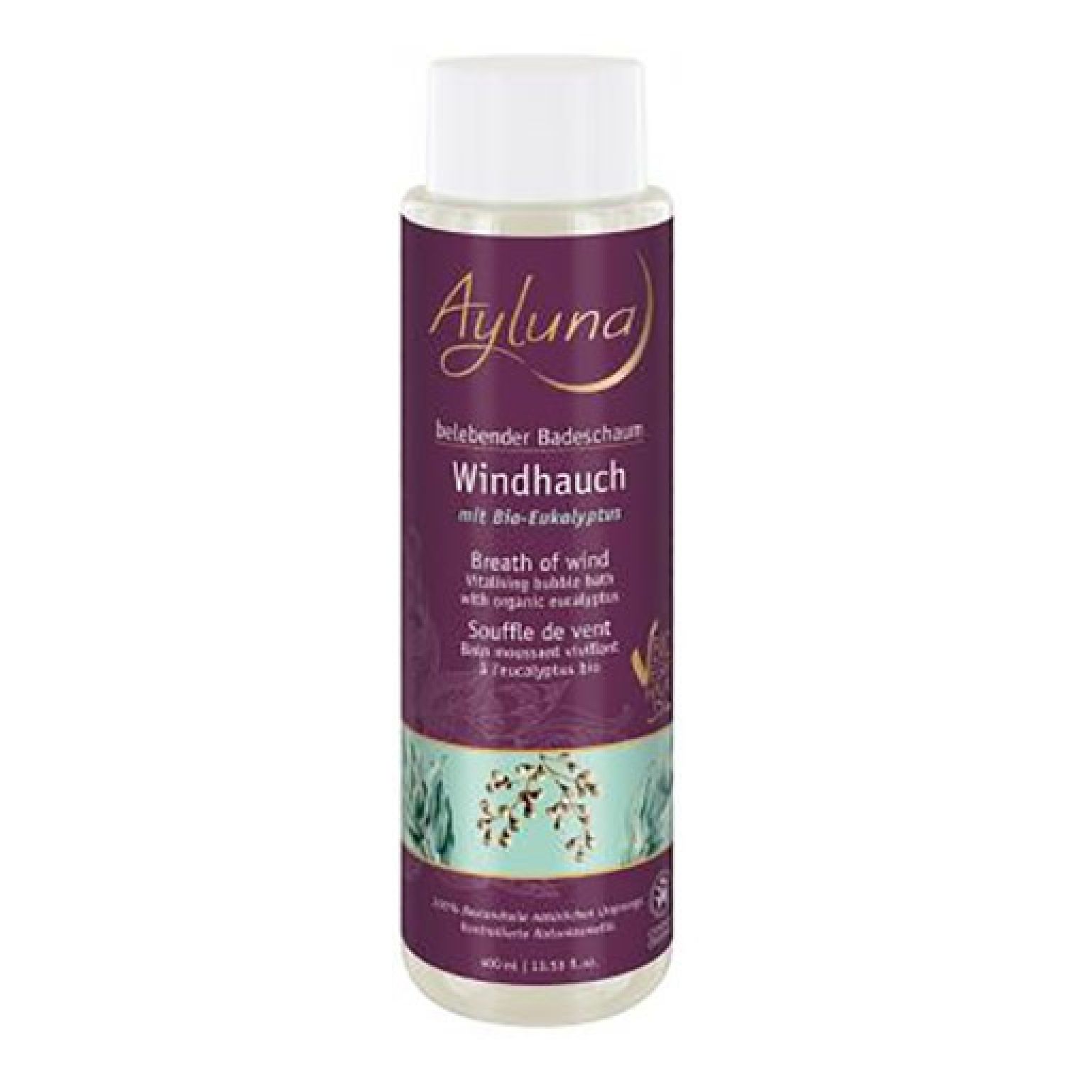 Zylindrische Flasche mit weißem Deckel. Aufschrift: Ayluna, Windhauch, mit Bio-Eukalyptus. Mehrsprachige Produktbeschreibung.