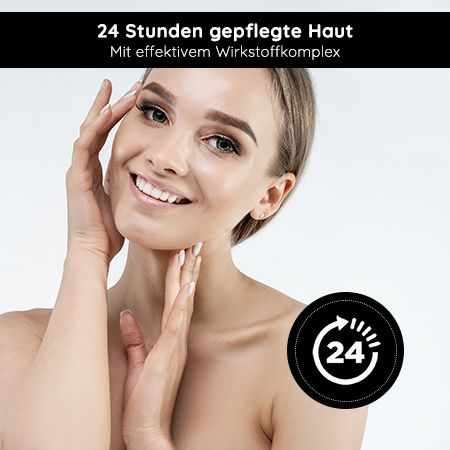 Frau berührt ihr Gesicht. Text: 24 Stunden gepflegte Haut. Mit effektivem Wirkstoffkomplex. Logo: 24 Stunden.