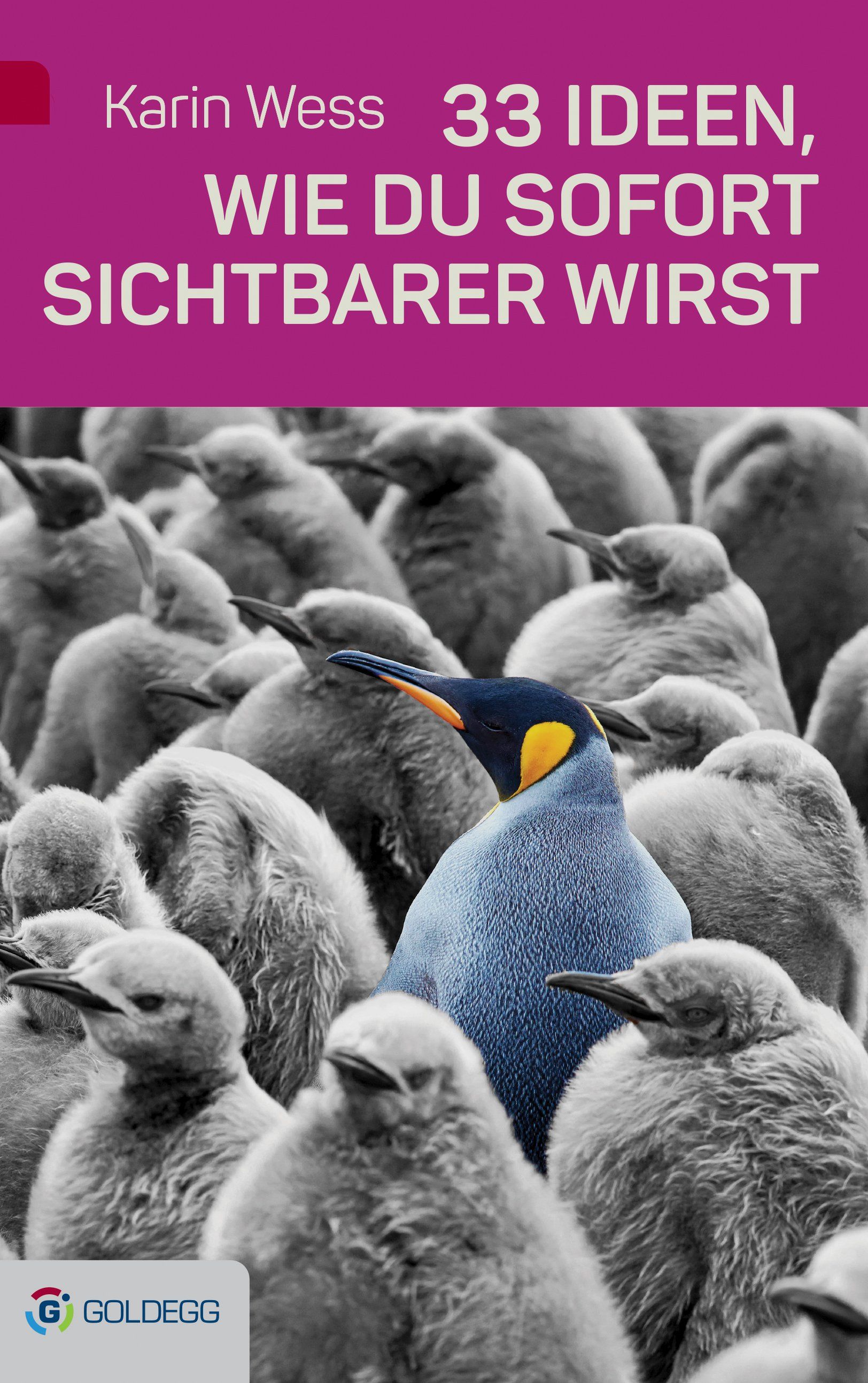Buchcover mit Pinguinen. Titel: 33 Ideen, wie du sofort sichtbarer wirst. Autor: Karin Wess. Verlag: Goldegg.