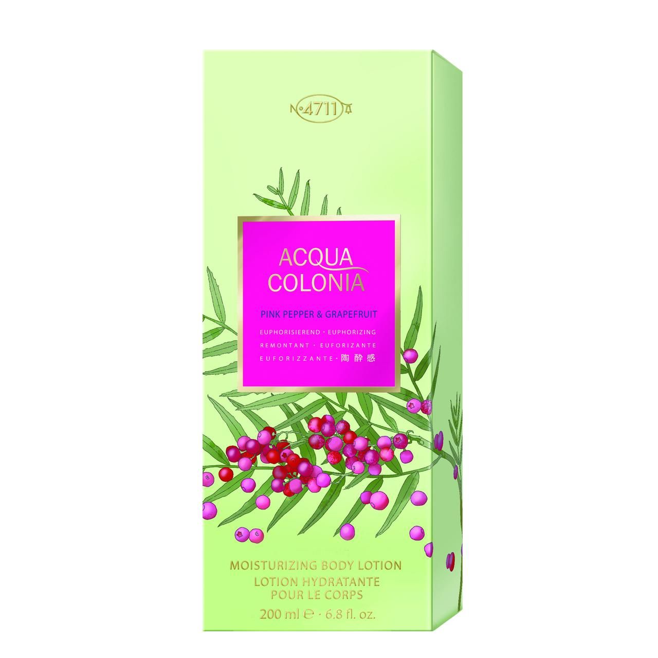 Hellgrüne Schachtel mit rosa Etikett. Aufschrift: Acqua Colonia, Pink Pepper & Grapefruit. Botanische Illustrationen.