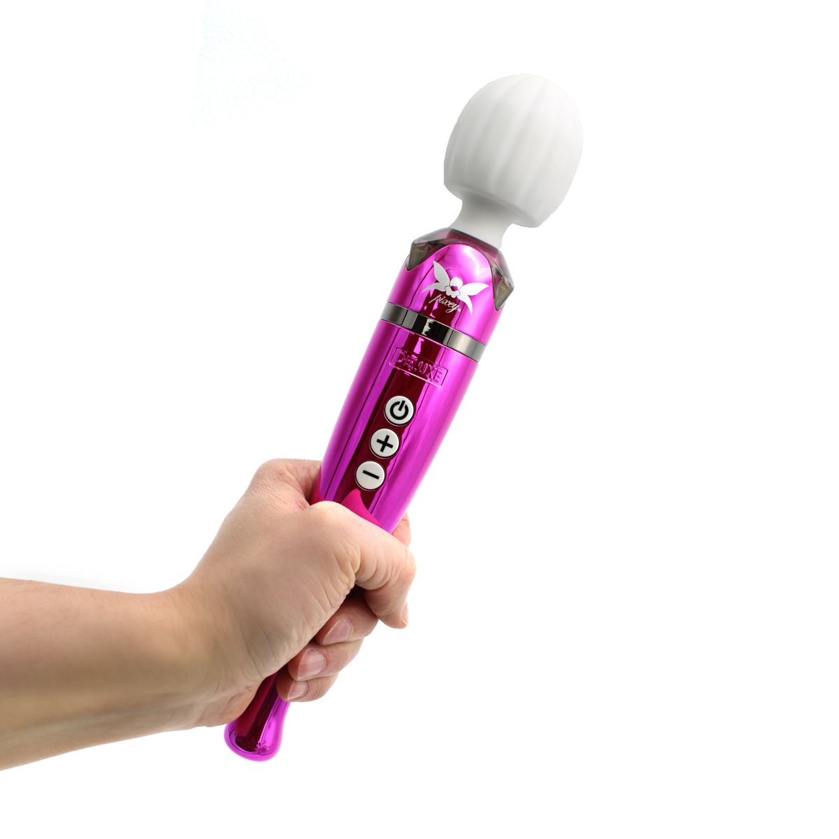 Hand hält einen pinken Massage-Wand mit weißem Aufsatz.