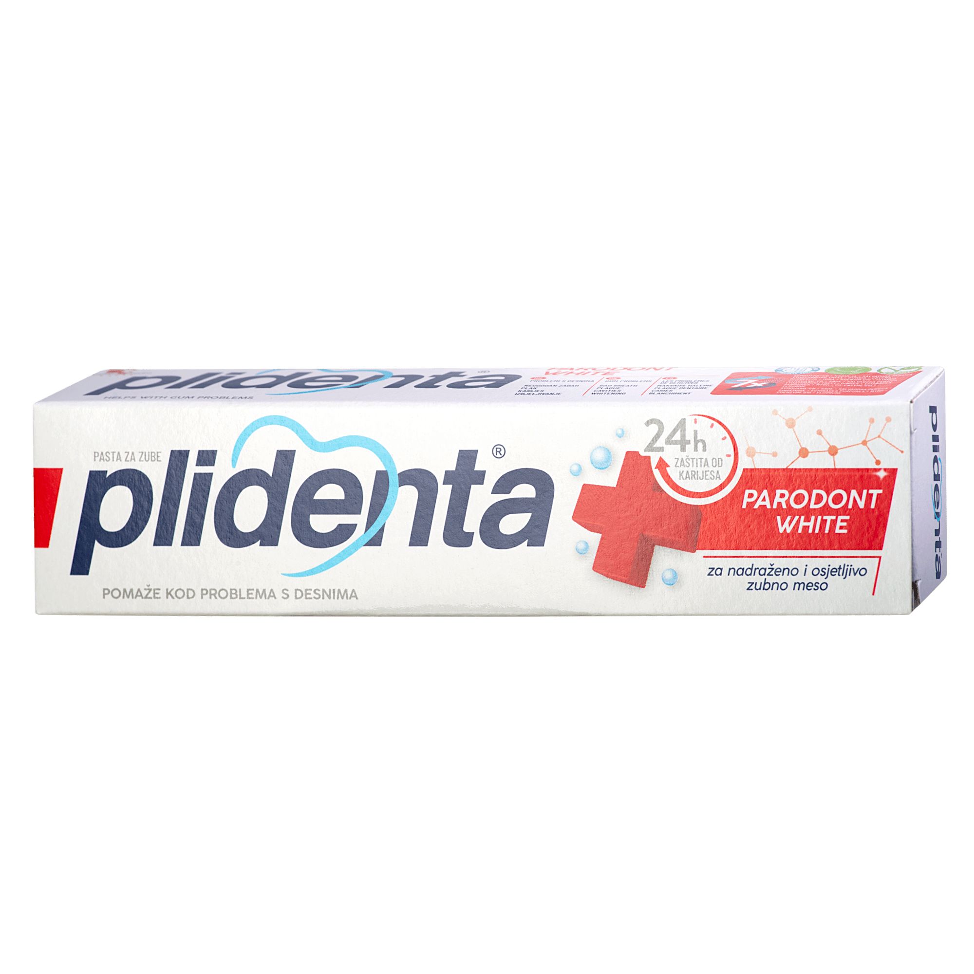 Weiße Zahnpasta-Schachtel mit blauem Logo und rotem Kreuz. Text: Plidenta, Parodont White. Hilft bei Zahnfleischproblemen.