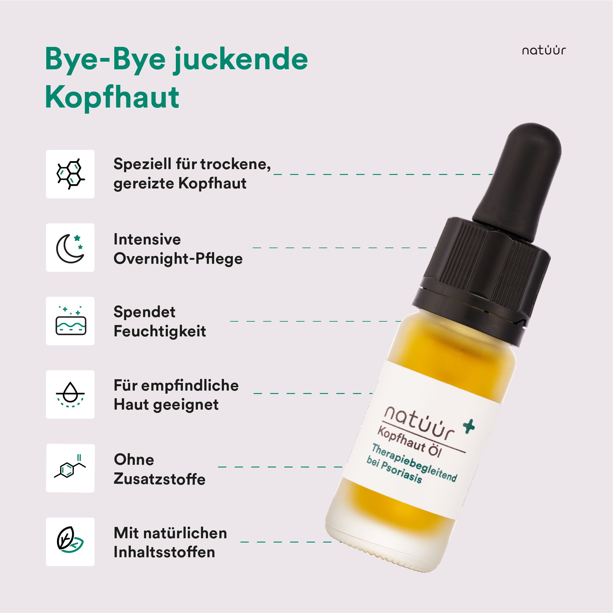 Produktabbildung von natüür Scalp Oil mit Infografik. Text: Bye-Bye juckende Kopfhaut. Vorteile und Inhaltsstoffe.