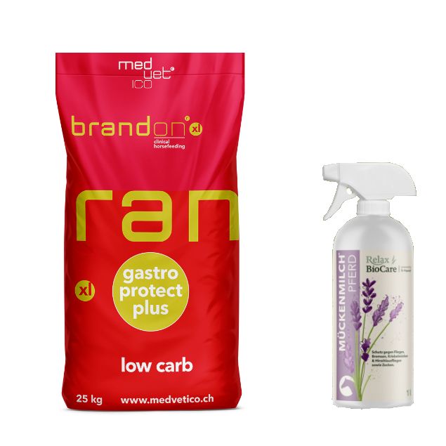 Rote Futtermitteltüte mit gelber Schrift und Sprühflasche. Auf der Tüte steht "brandon xl" und "gastro protect plus". Auf der Flasche steht "Mückenmilch Pferd".