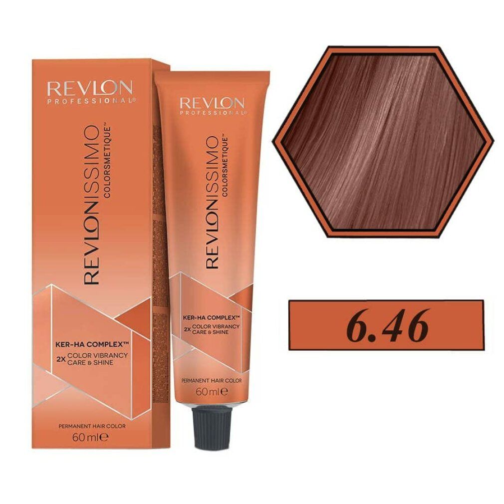 Haarfärbemittel Revlonissimo Colorsmetique 6,46. Tube und Schachtel in Orange. Farbton-Beispiel in Wabenform. 60ml.