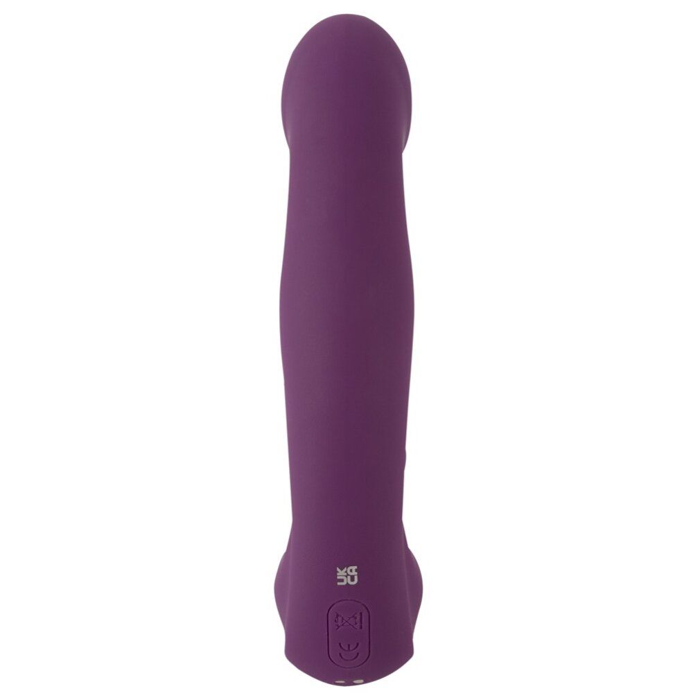 Lila Vibrator mit Klopffunktion und Klitorissauger. Zylindrische Form, glatte Oberfläche, mit Bedienfeld.
