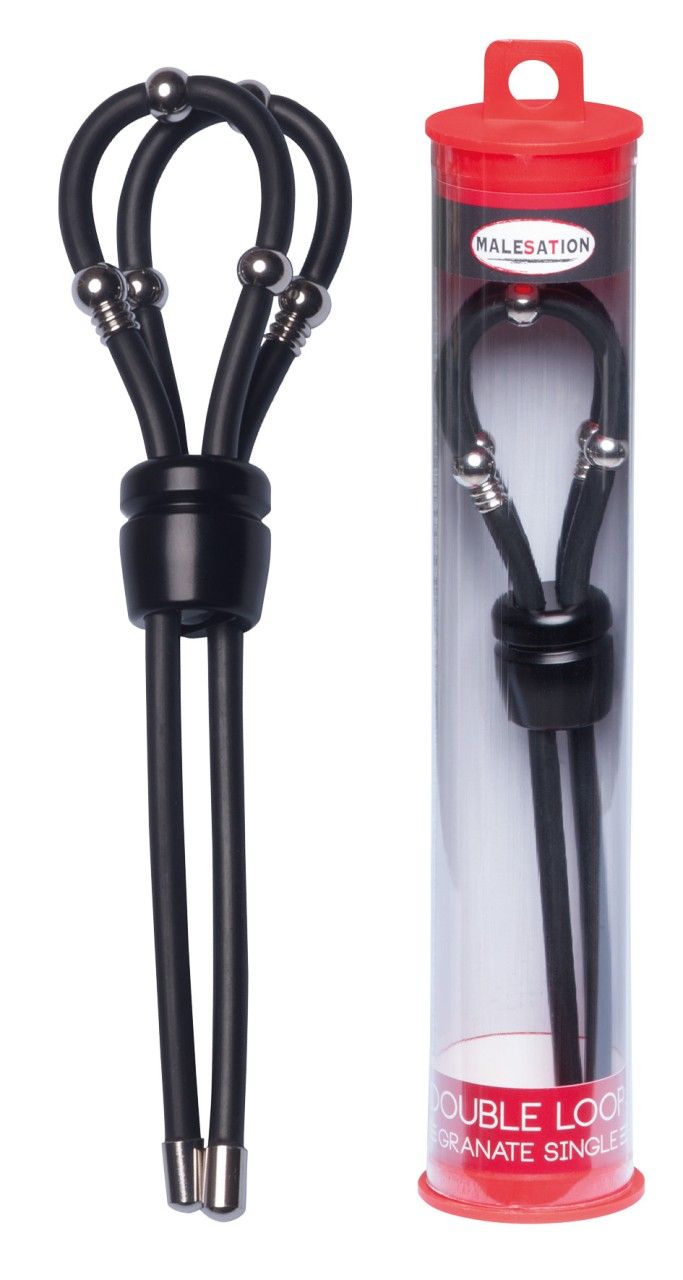 Schwarzes Produkt mit zwei Schlaufen und Metallkugeln, neben Produkt in Verpackung. Roter Deckel mit Markenname.