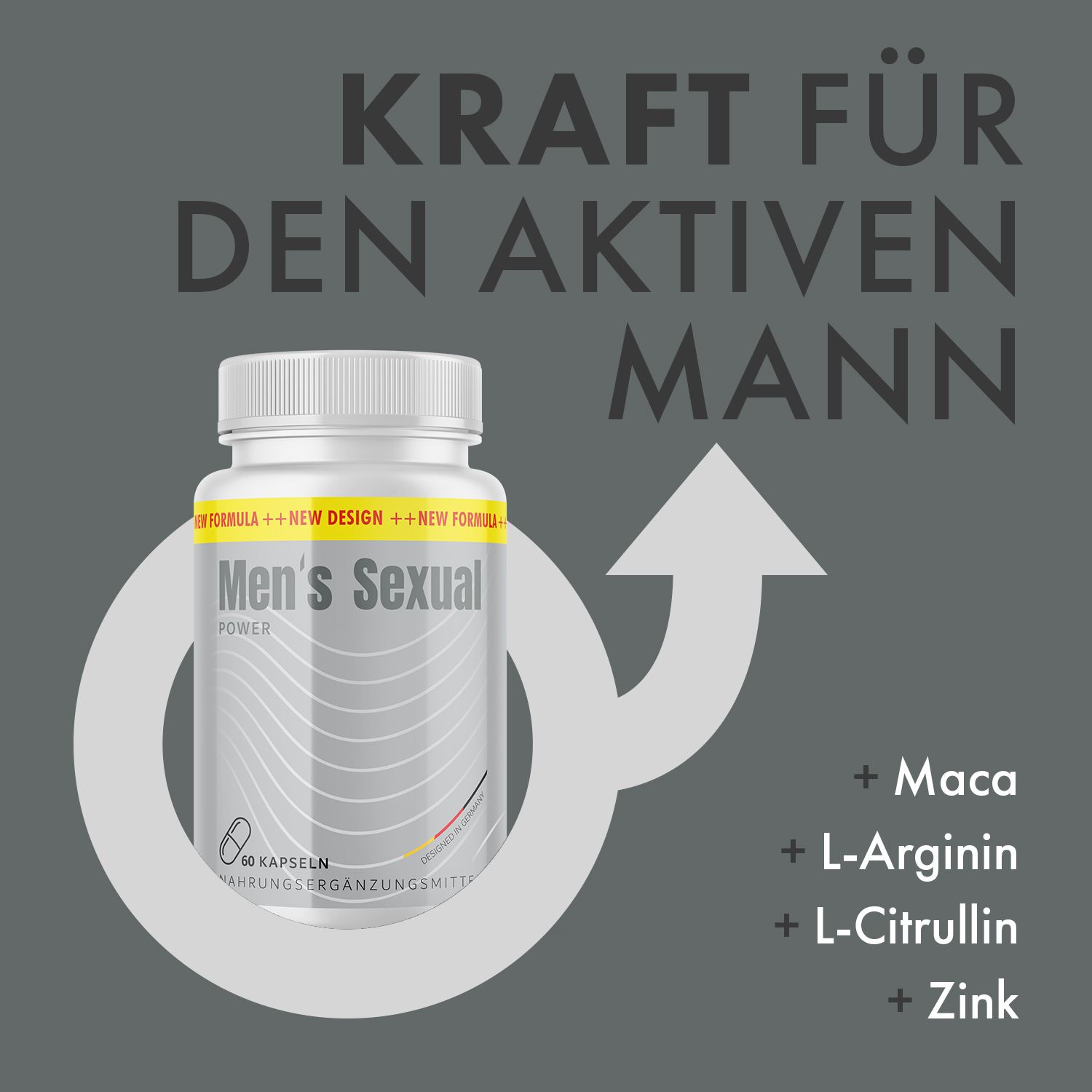 Dose Men's Sexual Power mit Inhaltsstoffen: Maca, L-Arginin, L-Citrullin, Zink. Hintergrund: grauer Kreis mit Pfeil und Männlichkeits-Symbol.