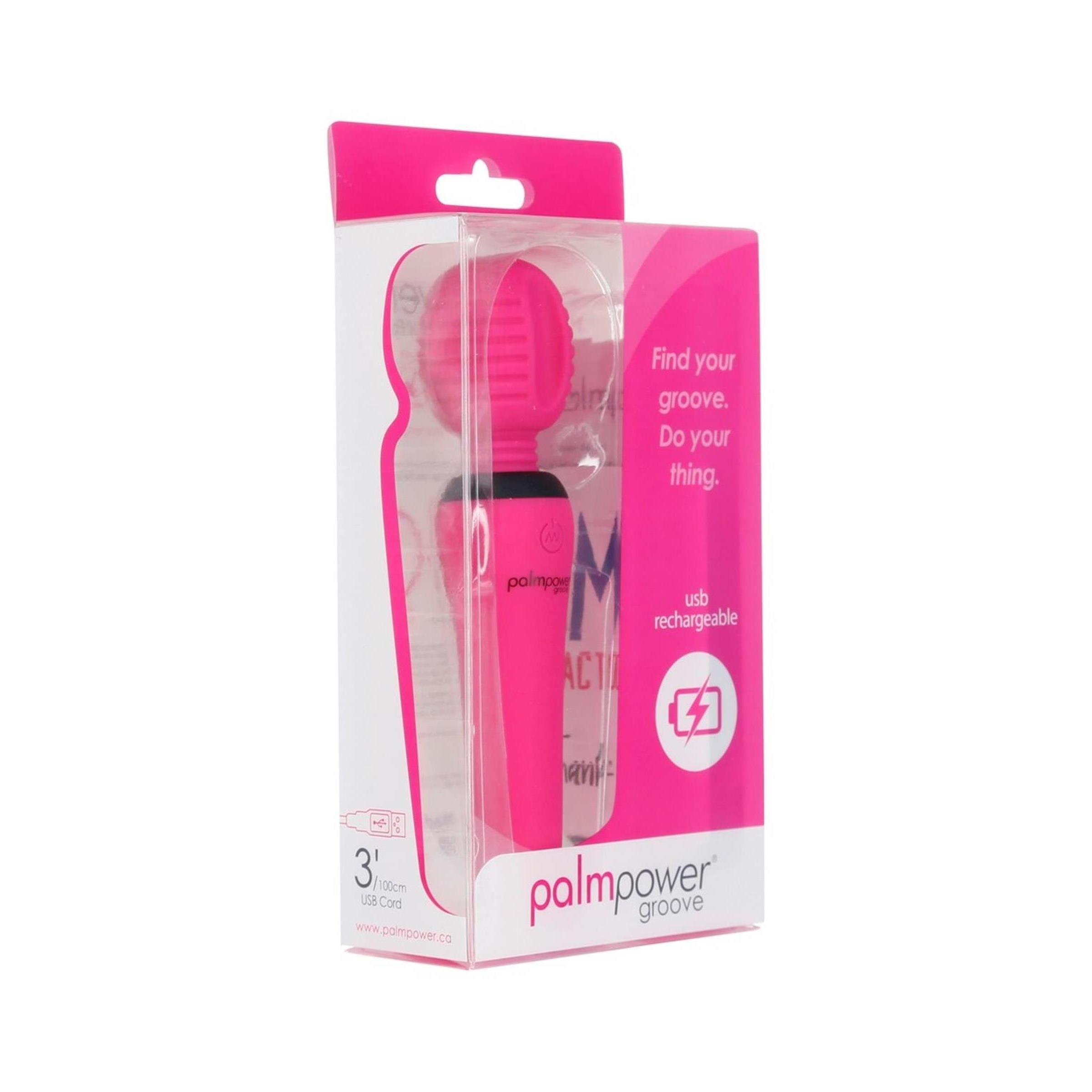 Pinkfarbener Groove Mini Wand in Verpackung. Transparente Box mit Produktabbildung und Text. "palmpower groove".