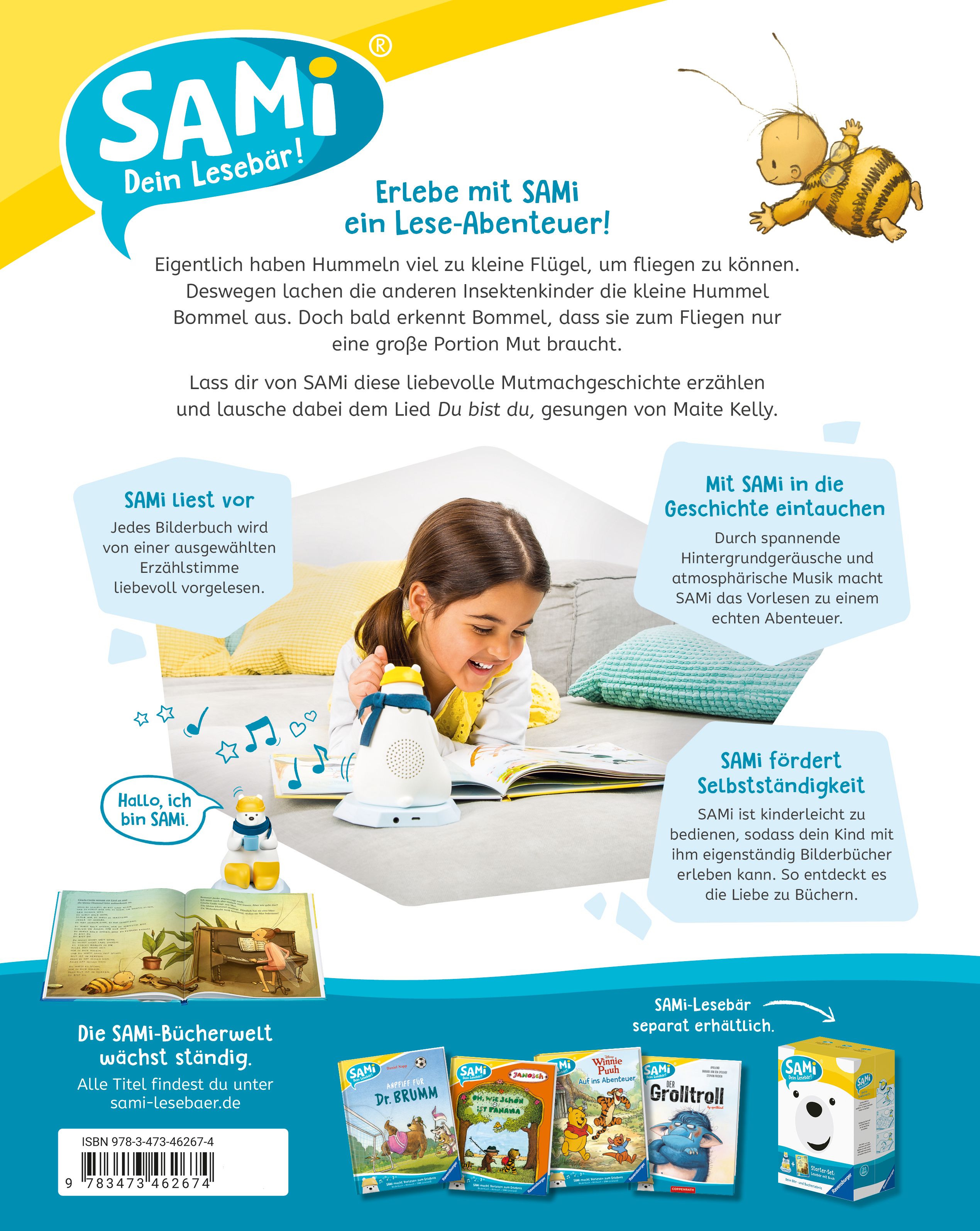 Rückseite des Buches. Kind liest mit SAMi. Text und Illustrationen. Logos: SAMi, Ravensburger. Titel der Buchreihe. Produktabbildungen.
