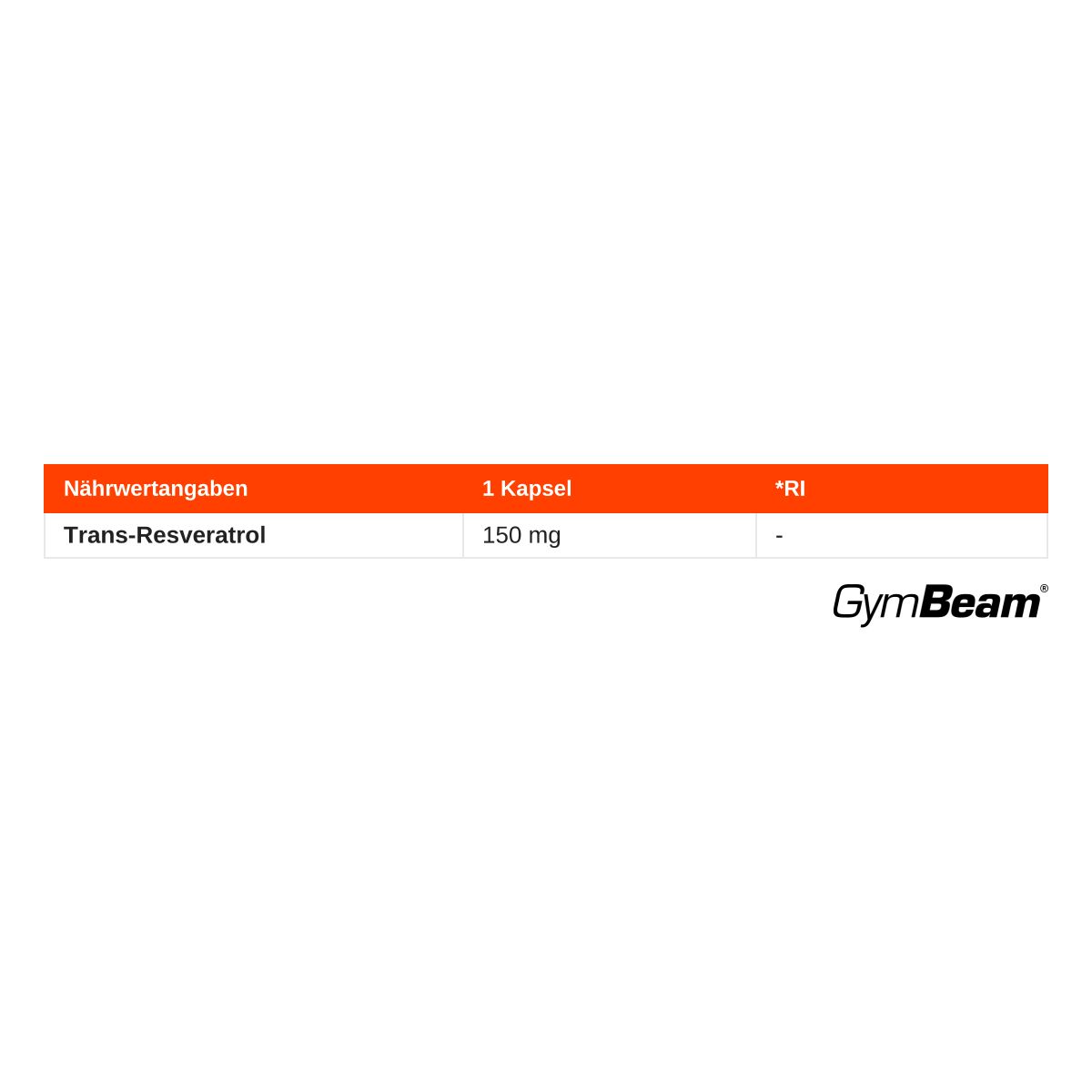 Nährwertangaben für GymBeam Trans-Resveratrol: 150 mg pro Kapsel.