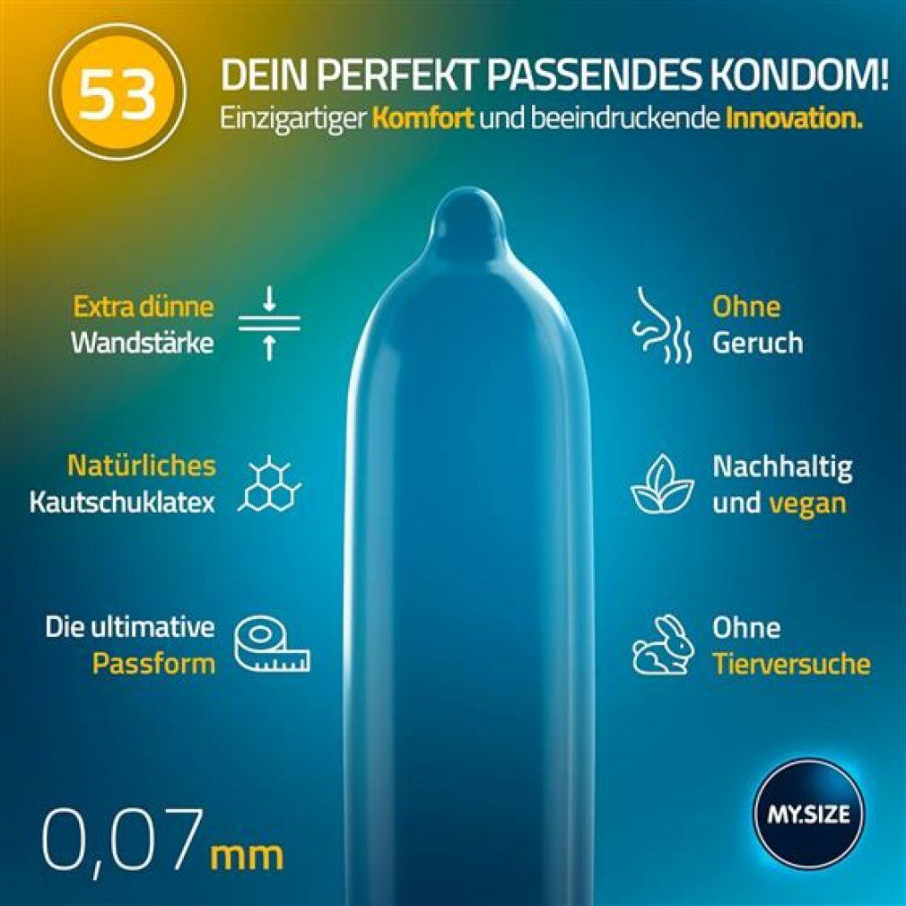 Blaues Kondom mit 0,07 mm Wandstärke. Abbildungen: Natürliches Kautschuklatex, ohne Geruch, vegan, ohne Tierversuche.