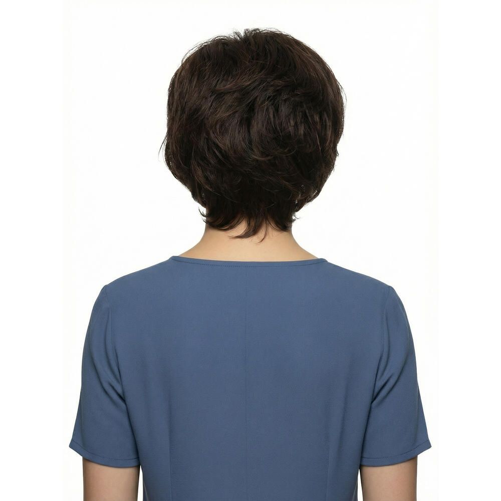 Kurzhaarperücke in Braun. Rückansicht einer Frau mit blauem Oberteil.