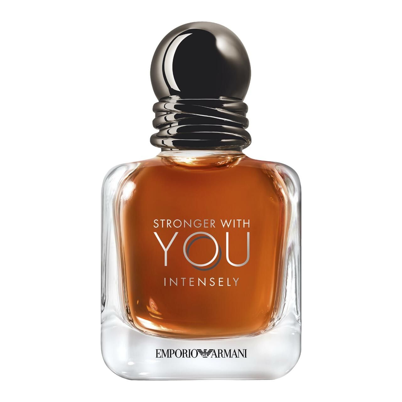 Emporio Armani Stronger With You Intensely. Flakon. Schwarzer Verschluss, Schriftzug. Klarer Glasflakon.