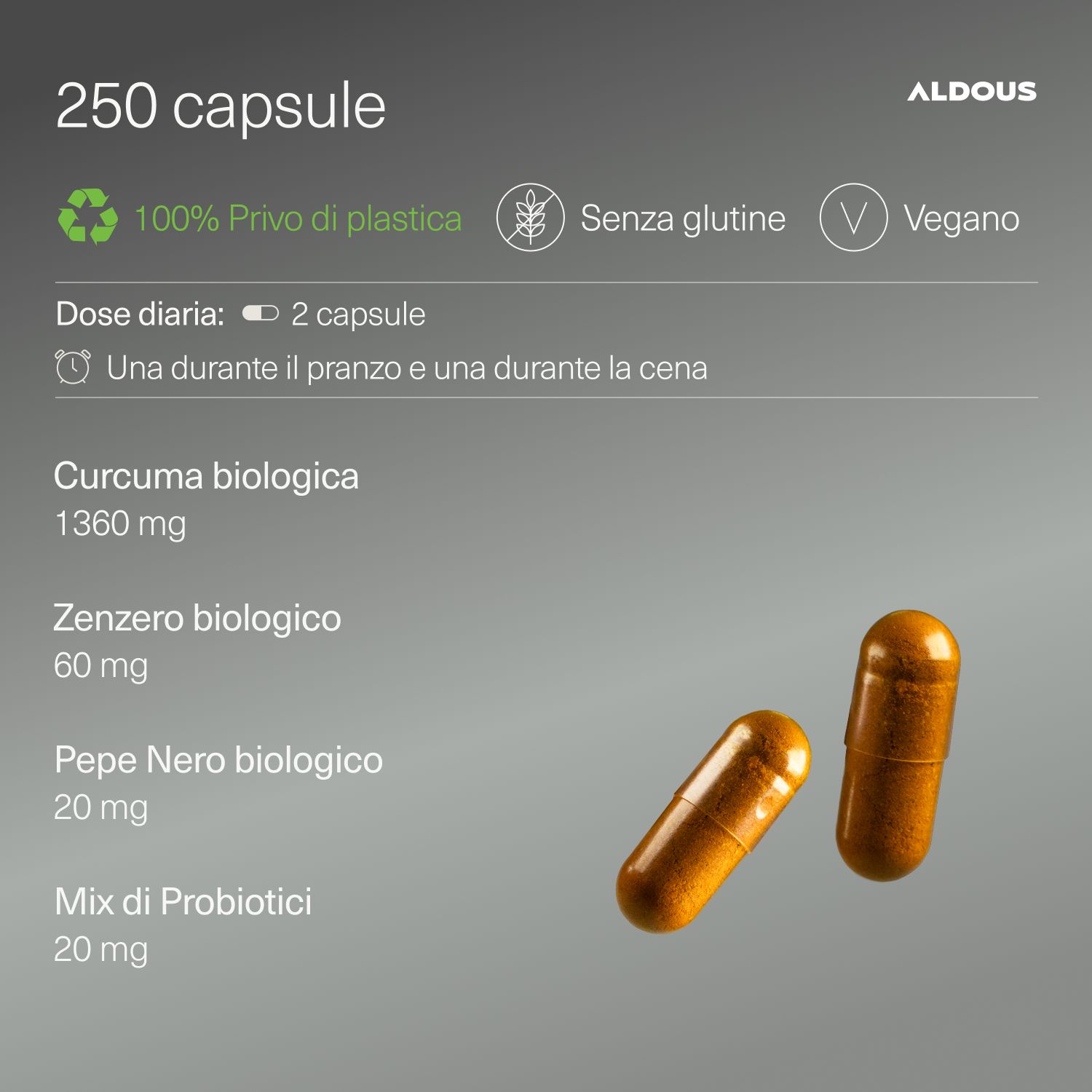 Aldous Curcuma Kapseln: 250 Stück, bio, vegan, glutenfrei, plastikfrei.