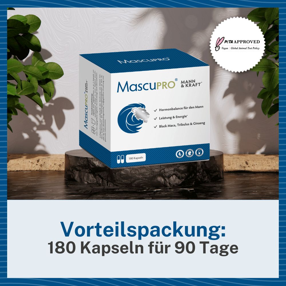 MascuPRO®-Packung auf Podest. Text: Vorteilspackung: 180 Kapseln für 90 Tage. Aufschrift: Hormonbalance, Leistung & Energie, Black Maca, Tribulus & Ginseng.