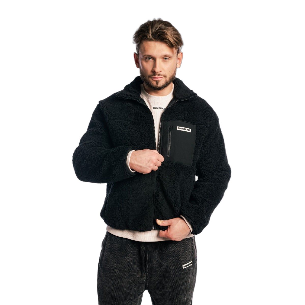 GymBeam Jacke Herren Sherpa oversized aus Polyester mit Reißverschluss Schwarz