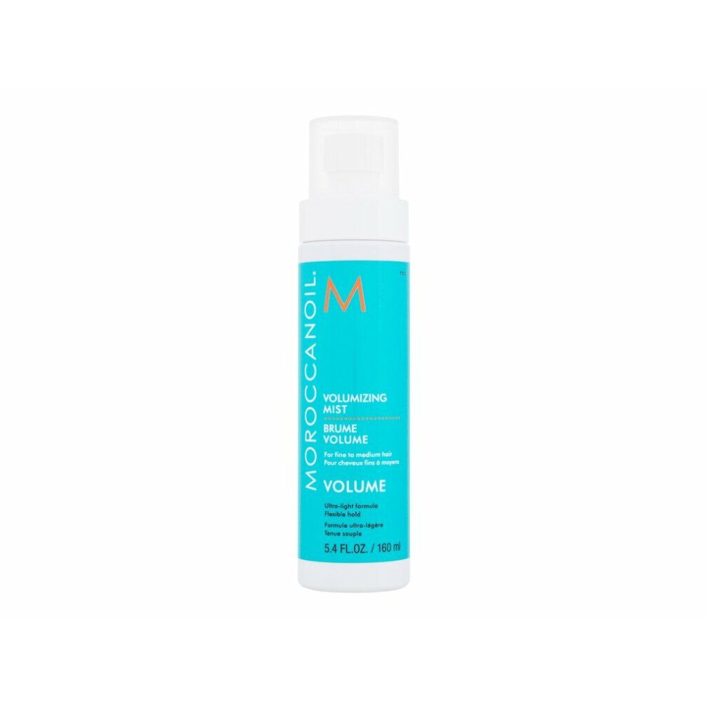 Weiß-türkisfarbene Sprühflasche. Text: Moroccanoil, Volumizing Mist, Brume Volume, Volume. 160 ml.