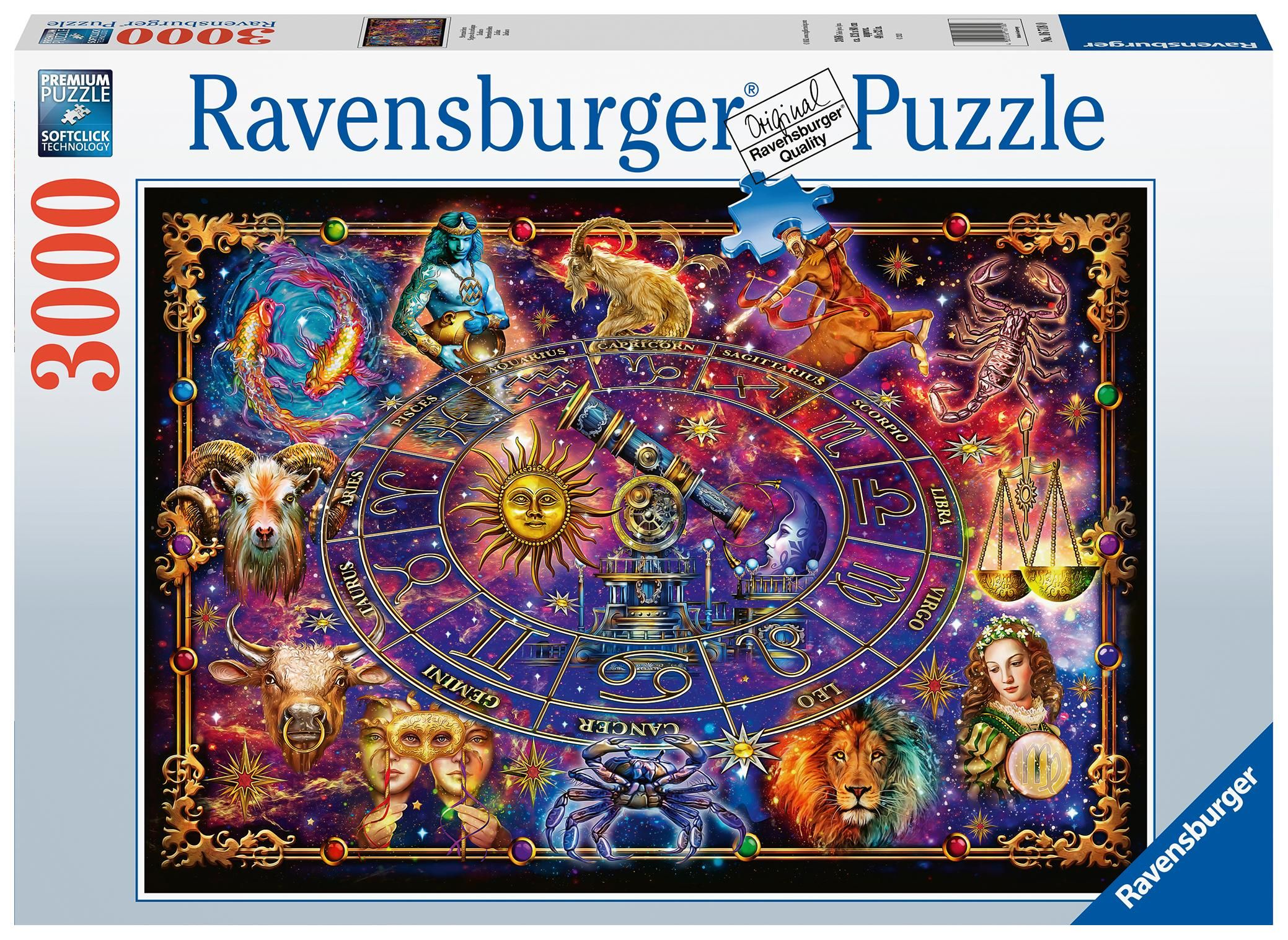 Puzzleschachtel mit Sternzeichen-Motiv. Aufschrift "Ravensburger Puzzle" und "3000". Das Puzzle zeigt Sternbilder und ein Teleskop.