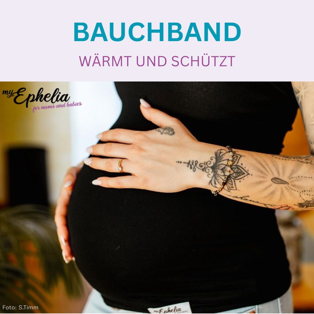 Schwarzes Bauchband. Text: Bauchband, wärmt und schützt. Logo: myEphelia. Frau mit Tattoo am Arm, Hand auf Bauch.