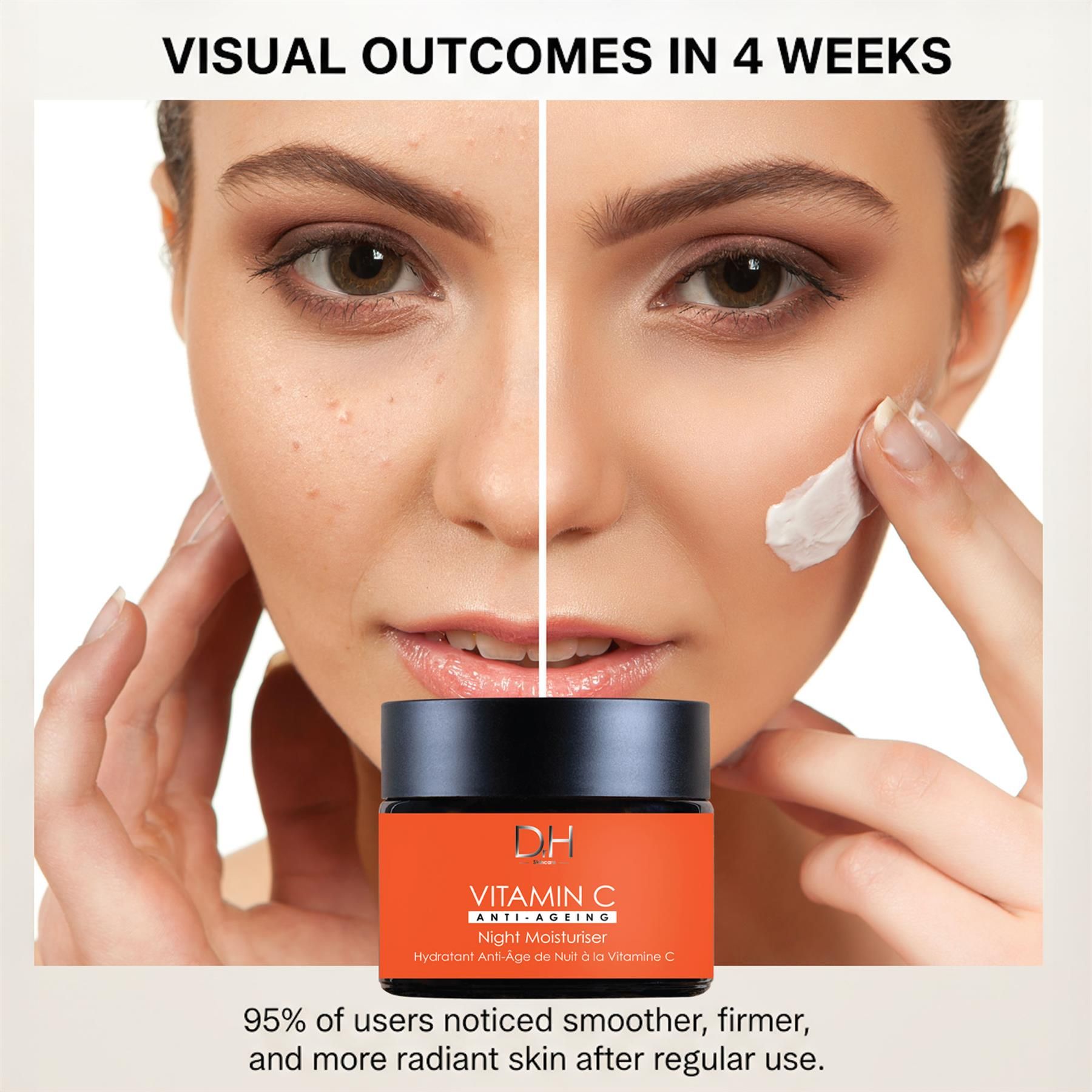 Vorher-Nachher-Vergleich der Haut nach Anwendung der Dr H Vitamin C Nachtcreme.